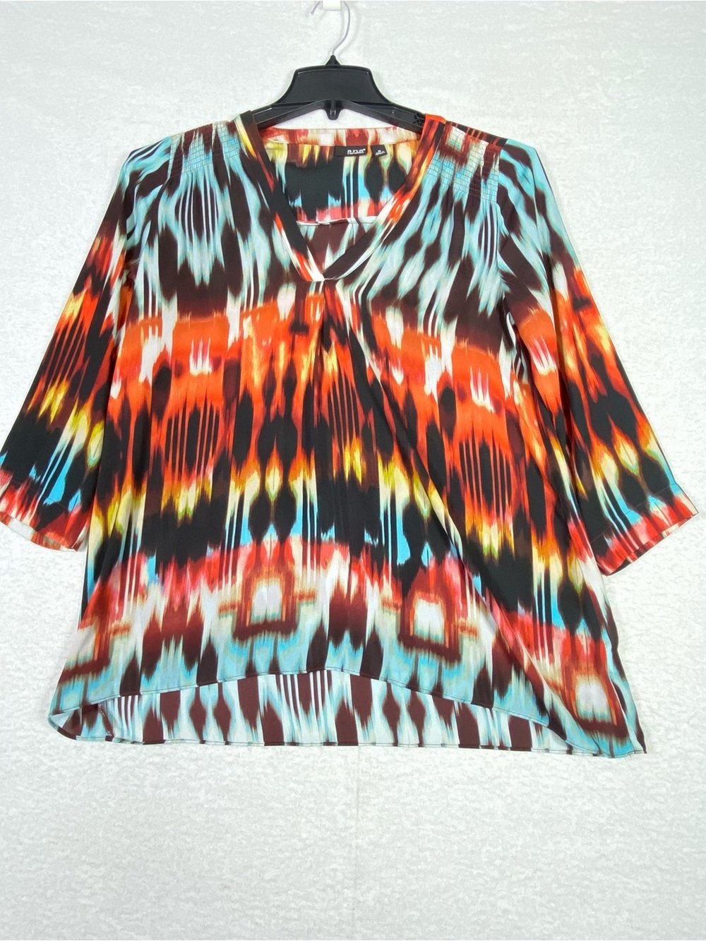 A.N.A Abstract Ikat Print Sheer Blouse Womens M Vibrant Colors V-Neck 3/4 Sleeve